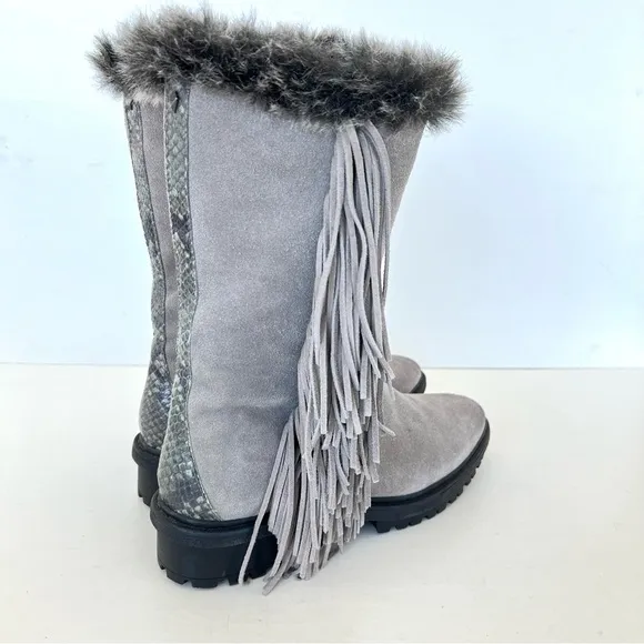 SAM EDELMAN Tilden Gray Suede Fringe Faux Fur Black Trim Mid Calf Boots Sz 9.5