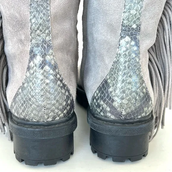 SAM EDELMAN Tilden Gray Suede Fringe Faux Fur Black Trim Mid Calf Boots Sz 9.5