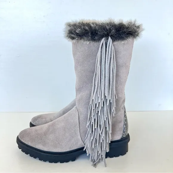 SAM EDELMAN Tilden Gray Suede Fringe Faux Fur Black Trim Mid Calf Boots Sz 9.5