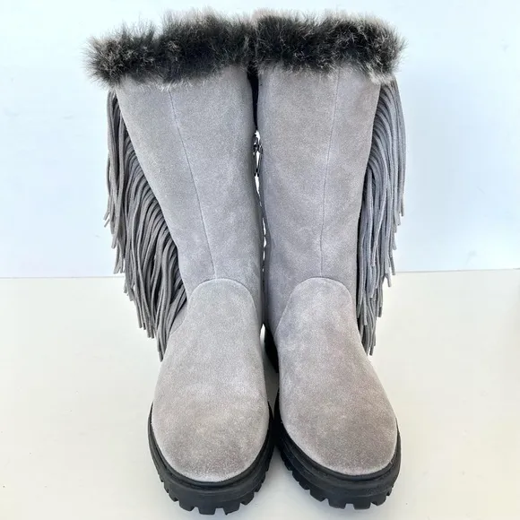 SAM EDELMAN Tilden Gray Suede Fringe Faux Fur Black Trim Mid Calf Boots Sz 9.5
