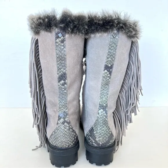 SAM EDELMAN Tilden Gray Suede Fringe Faux Fur Black Trim Mid Calf Boots Sz 9.5
