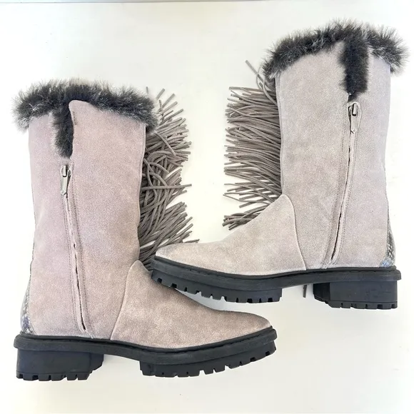 SAM EDELMAN Tilden Gray Suede Fringe Faux Fur Black Trim Mid Calf Boots Sz 9.5