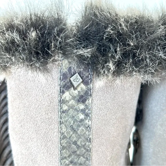 SAM EDELMAN Tilden Gray Suede Fringe Faux Fur Black Trim Mid Calf Boots Sz 9.5