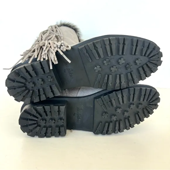 SAM EDELMAN Tilden Gray Suede Fringe Faux Fur Black Trim Mid Calf Boots Sz 9.5
