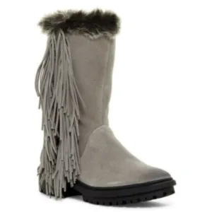 SAM EDELMAN Tilden Gray Suede Fringe Faux Fur Black Trim Mid Calf Boots Sz 9.5