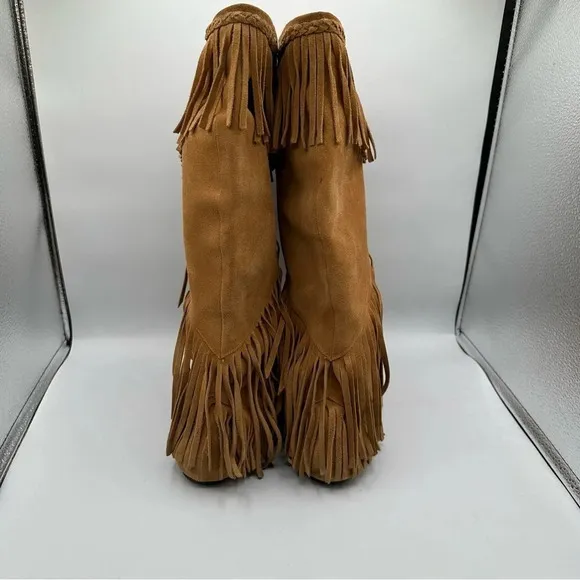 Sam Edelman Utah Brown Suede Fringe Moccasin Boots Mid-Calf Pull On Women’s 6.5