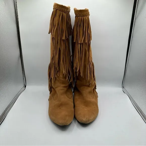 Sam Edelman Utah Brown Suede Fringe Moccasin Boots Mid-Calf Pull On Women’s 6.5