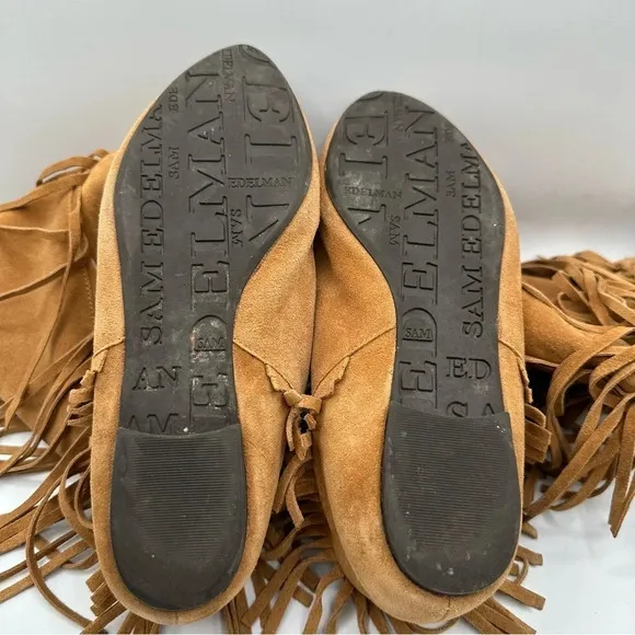 Sam Edelman Utah Brown Suede Fringe Moccasin Boots Mid-Calf Pull On Women’s 6.5