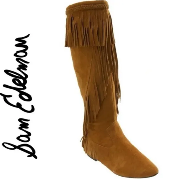 Sam Edelman Utah Brown Suede Fringe Moccasin Boots Mid-Calf Pull On Women’s 6.5