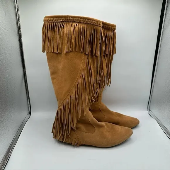Sam Edelman Utah Brown Suede Fringe Moccasin Boots Mid-Calf Pull On Women’s 6.5