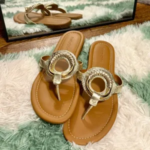 See By Chloe Gold and Tan Sandals with Metallic Embellishment