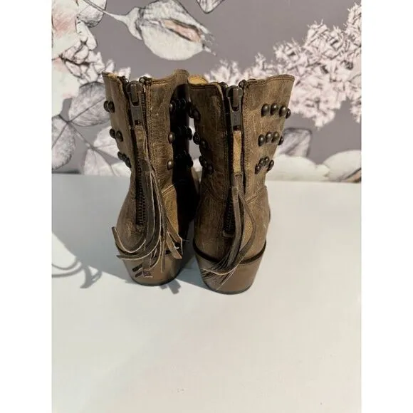 Shyanne Women’s Rustic Leather Western Ankle Fringe Studded Detail Boots Brown