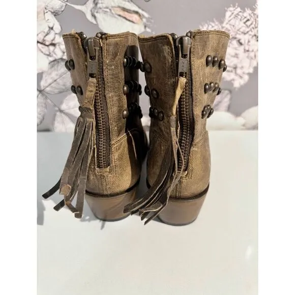 Shyanne Women’s Rustic Leather Western Ankle Fringe Studded Detail Boots Brown