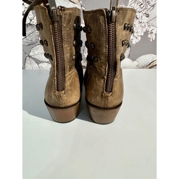 Shyanne Women’s Rustic Leather Western Ankle Fringe Studded Detail Boots Brown