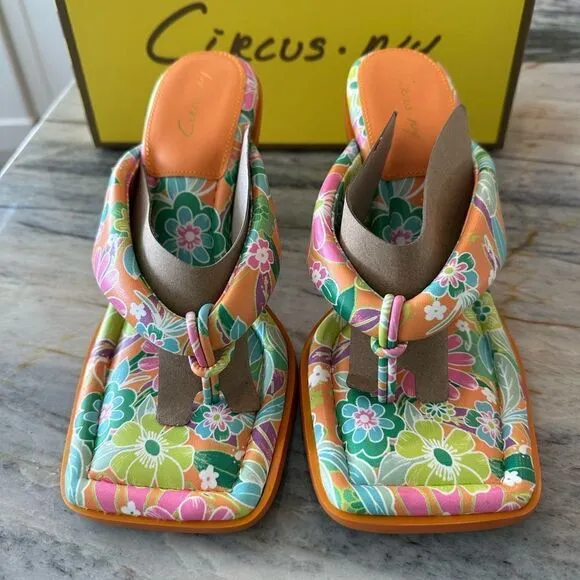 Skeet Slide Sandals, Circus by Sam Edelman, Orange Tropical Flower Square Toe