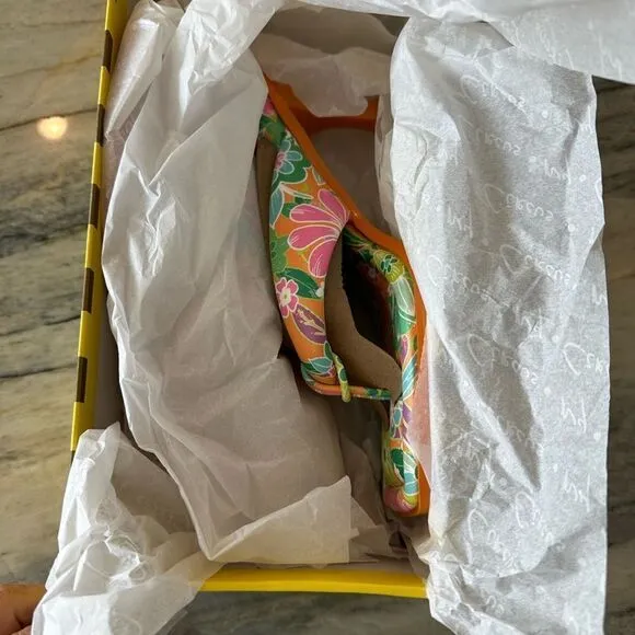 Skeet Slide Sandals, Circus by Sam Edelman, Orange Tropical Flower Square Toe