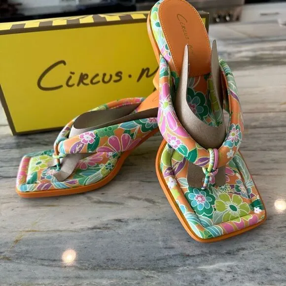 Skeet Slide Sandals, Circus by Sam Edelman, Orange Tropical Flower Square Toe