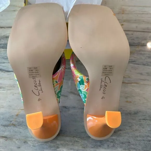 Skeet Slide Sandals, Circus by Sam Edelman, Orange Tropical Flower Square Toe