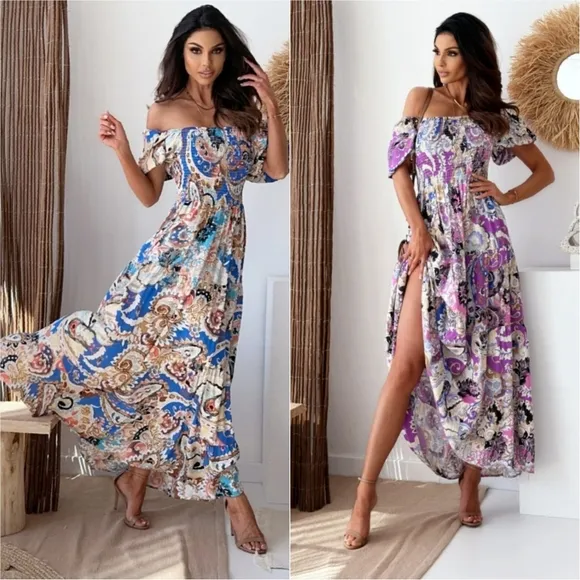 Smocked Paisley Harmony Maxi Dress - Purple