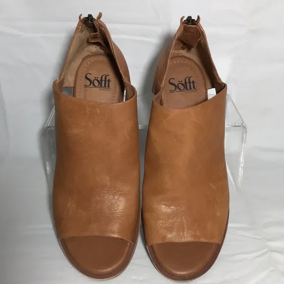 Sofft Carleigh Tan Soft Leather Bootie Shoes Block Heels Size 8