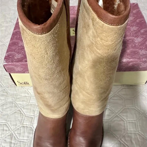 SOFFT Emelie Tan Leather/Soft Suede Shearling Lined Knee High Brown &amp; Camel Sz.7