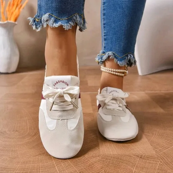 Soft Bottom Shallow Retro German Training Sneakers For Women,Lace Up Ballet Flat