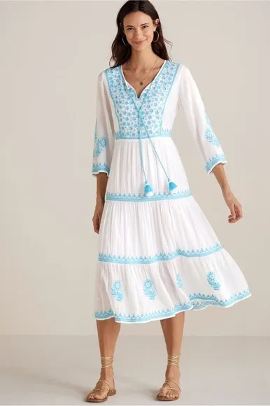 Soft Surroundings White with Blue Embroidered Juniper Dress S:Medium