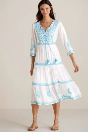 Soft Surroundings White with Blue Embroidered Juniper Dress S:Medium