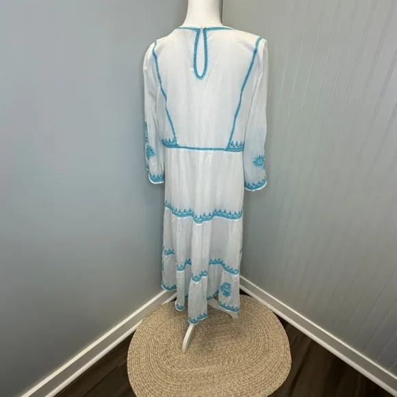 Soft Surroundings White with Blue Embroidered Juniper Dress S:Medium
