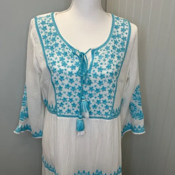 Soft Surroundings White with Blue Embroidered Juniper Dress S:Medium