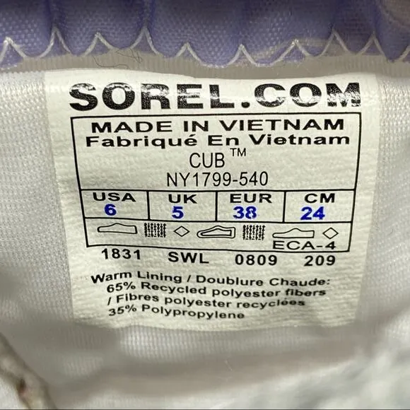 Sorel Big Kid Cub Boot Purple Sweet Pea Wild Orchid Polar Bear Snow Boots Size 6