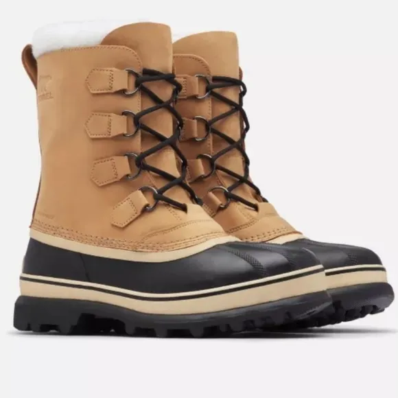 Sorel Caribou boots waterproof rubber outer black &amp; camel brown  lined