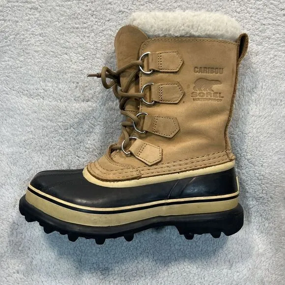 Sorel Caribou Snow Boots Womens‎ Size 5 Leather Wool Lined Waterproof Tan Buff