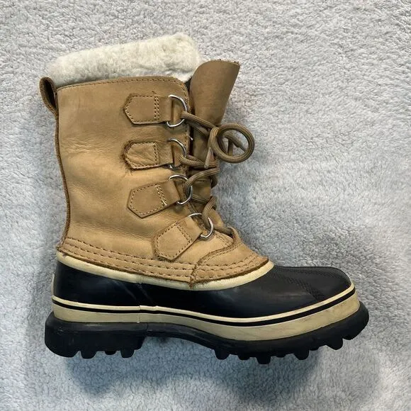 Sorel Caribou Snow Boots Womens‎ Size 5 Leather Wool Lined Waterproof Tan Buff