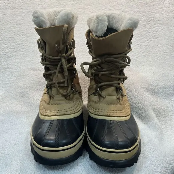 Sorel Caribou Snow Boots Womens‎ Size 5 Leather Wool Lined Waterproof Tan Buff
