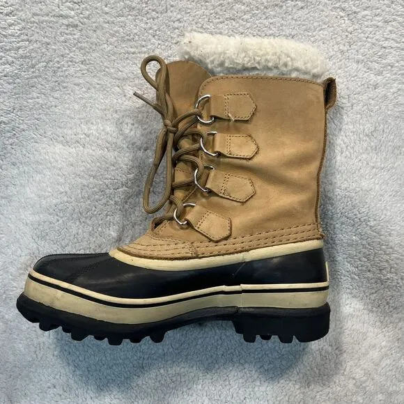 Sorel Caribou Snow Boots Womens‎ Size 5 Leather Wool Lined Waterproof Tan Buff