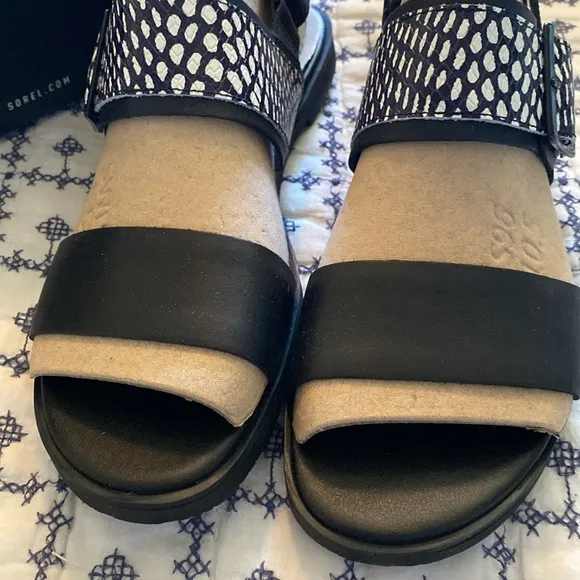 Sorel Ella III Slingback Black and White Sandals. Size 9.5. NWT.