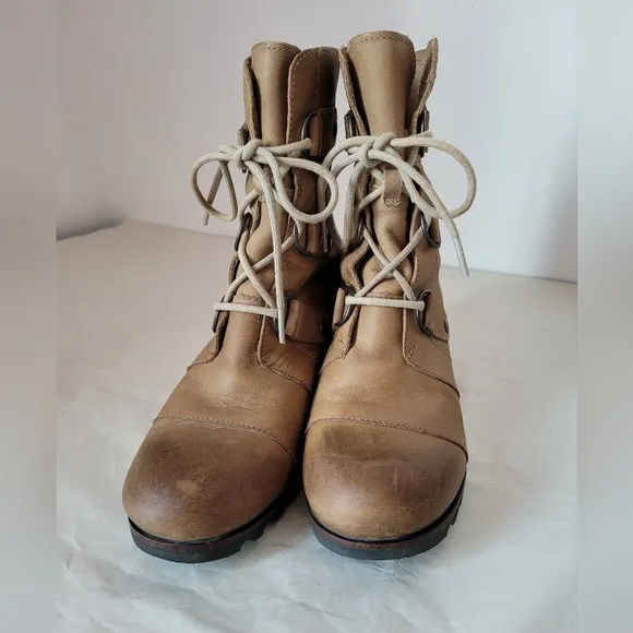 Sorel Joan of Arctic Wedge Boots Waterproof Leather Dark Fossil Women's Size 7.5
