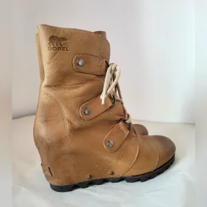 Sorel Joan of Arctic Wedge Boots Waterproof Leather Dark Fossil Women's Size 7.5