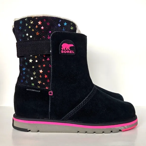 Sorel Rylee Waterproof Black Suede Warm Lined Pink Stars Toddler Girl Sz 5 Boots