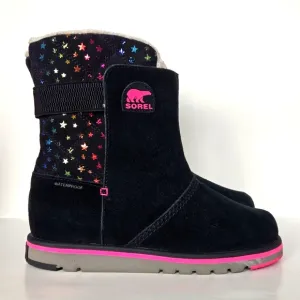 Sorel Rylee Waterproof Black Suede Warm Lined Pink Stars Toddler Girl Sz 5 Boots