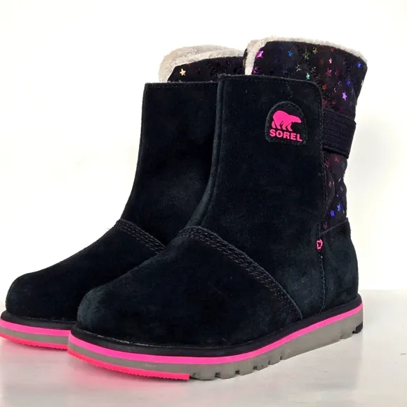 Sorel Rylee Waterproof Black Suede Warm Lined Pink Stars Toddler Girl Sz 5 Boots