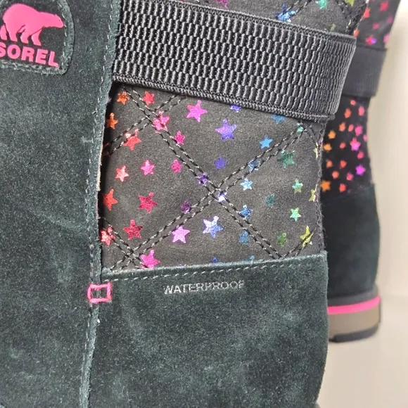 Sorel Rylee Waterproof Black Suede Warm Lined Pink Stars Toddler Girl Sz 5 Boots