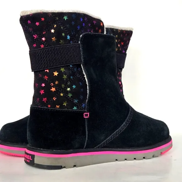 Sorel Rylee Waterproof Black Suede Warm Lined Pink Stars Toddler Girl Sz 5 Boots