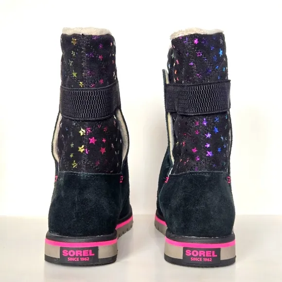 Sorel Rylee Waterproof Black Suede Warm Lined Pink Stars Toddler Girl Sz 5 Boots