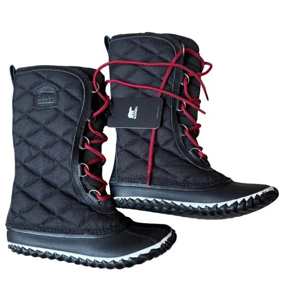 Sorel Women's Out N About Tall Snow Boots Size 6 Black Red Faux Fur Quilted Warm