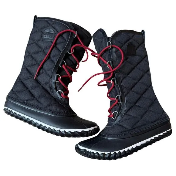 Sorel Women's Out N About Tall Snow Boots Size 6 Black Red Faux Fur Quilted Warm