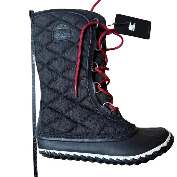 Sorel Women's Out N About Tall Snow Boots Size 6 Black Red Faux Fur Quilted Warm