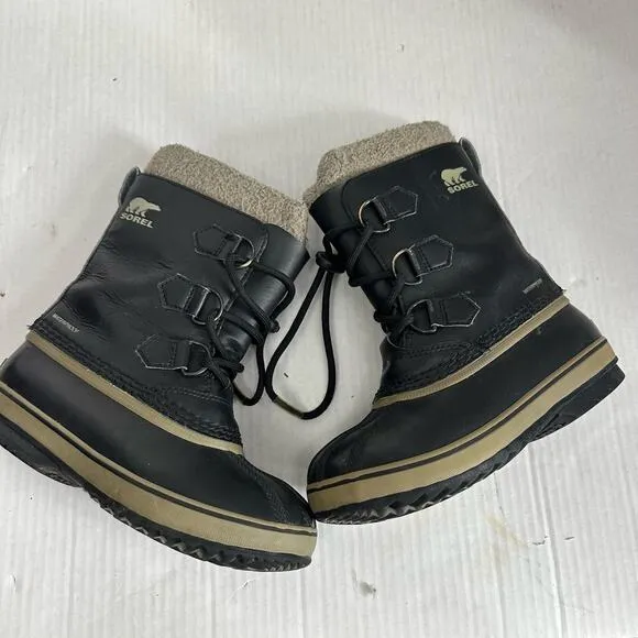 Sorel Yoot Pac Youth Black Leather Winter Snow Boots Size 1 Boys Little Big Kid