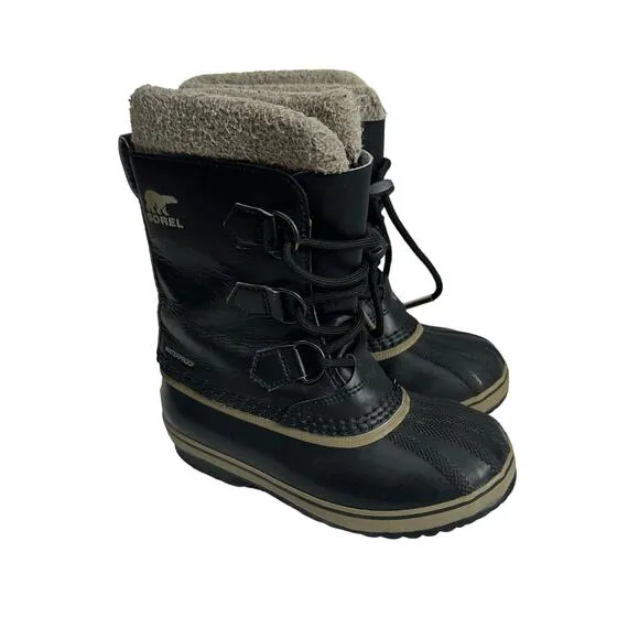 Sorel Yoot Pac Youth Black Leather Winter Snow Boots Size 1 Boys Little Big Kid